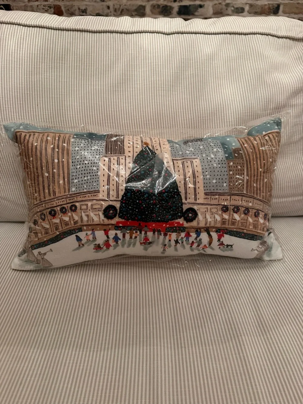 West Elm NYC Holiday Ice Rink Decorative Pillow - Tan, Blue, Red, Black, Cream